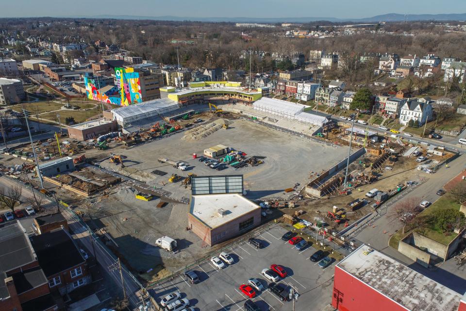 A Feb. 26, 2024, photo taken with a drone of Meritus Park under construction in downtown Hagerstown. Summit Avenue is toward the upper right.