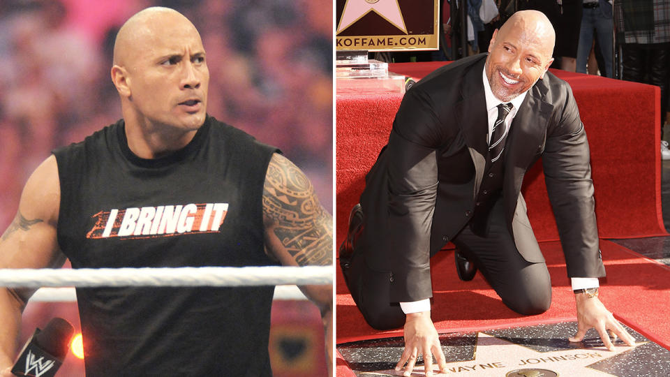 Dwayne 'The Rock' Johnson (pictured left) in the WWE ring and (pictured right) at the Hollywood Stars.