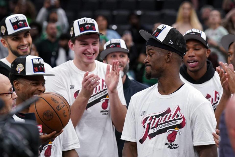 Miami Heat forward Jimmy Butler (22) celebrates after the Heat defeated the Boston Celtics in game seven of the Eastern Conference Finals for the 2023 NBA playoffs at TD Garden.