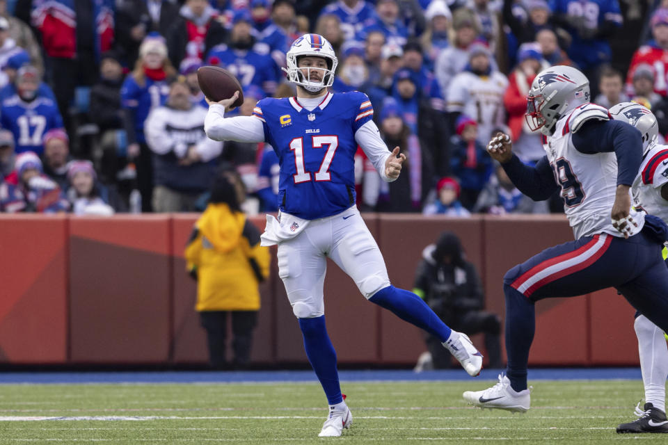 Buffalo Bills quarterback Josh Allen (17) throws a pass during an NFL football game, Sunday, Dec. 31, 2023, in Orchard Park, NY. (AP Photo/Matt Durisko)