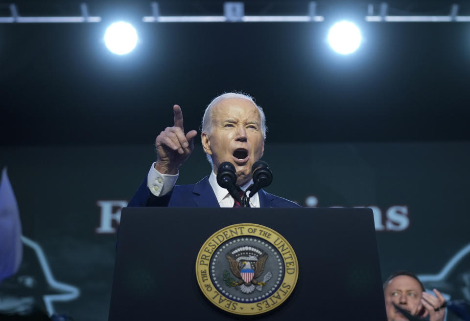 President Joe Biden speaks to the North America's Building Trade Union National Legislative Conference, Wednesday, April 24, 2024, in Washington. (AP Photo/Evan Vucci)