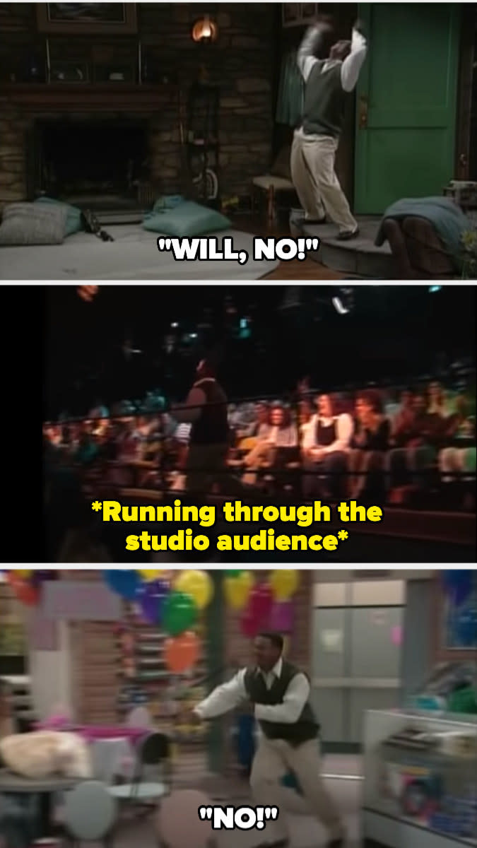 Carlton running through different sets the show uses and the studio audience screaming "NO!"