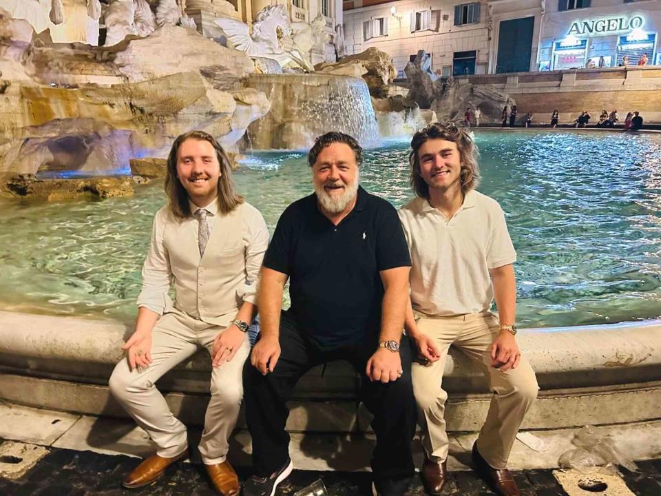 <p>Danielle Spencer Instagram</p> Russell Crowe and his sons Tennyson and Charles. 