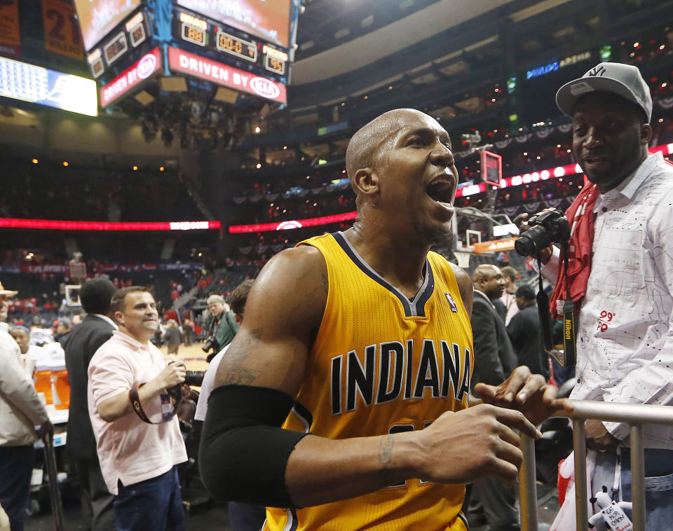 Indiana Pacers forward David West reacts as he leaves the court after Game 6 of a first-round NBA basketball playoff series against the Atlanta Hawks in Atlanta, Thursday, May 1, 2014. Indiana won 95-88. (AP Photo/John Bazemore)