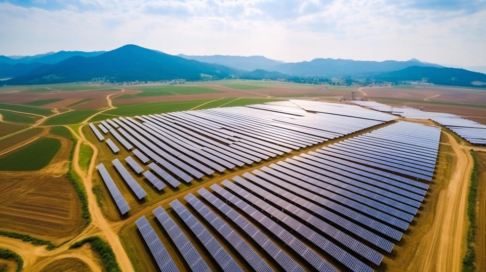 Aerial view of a large solar panel array under construction in a rural China landscape.