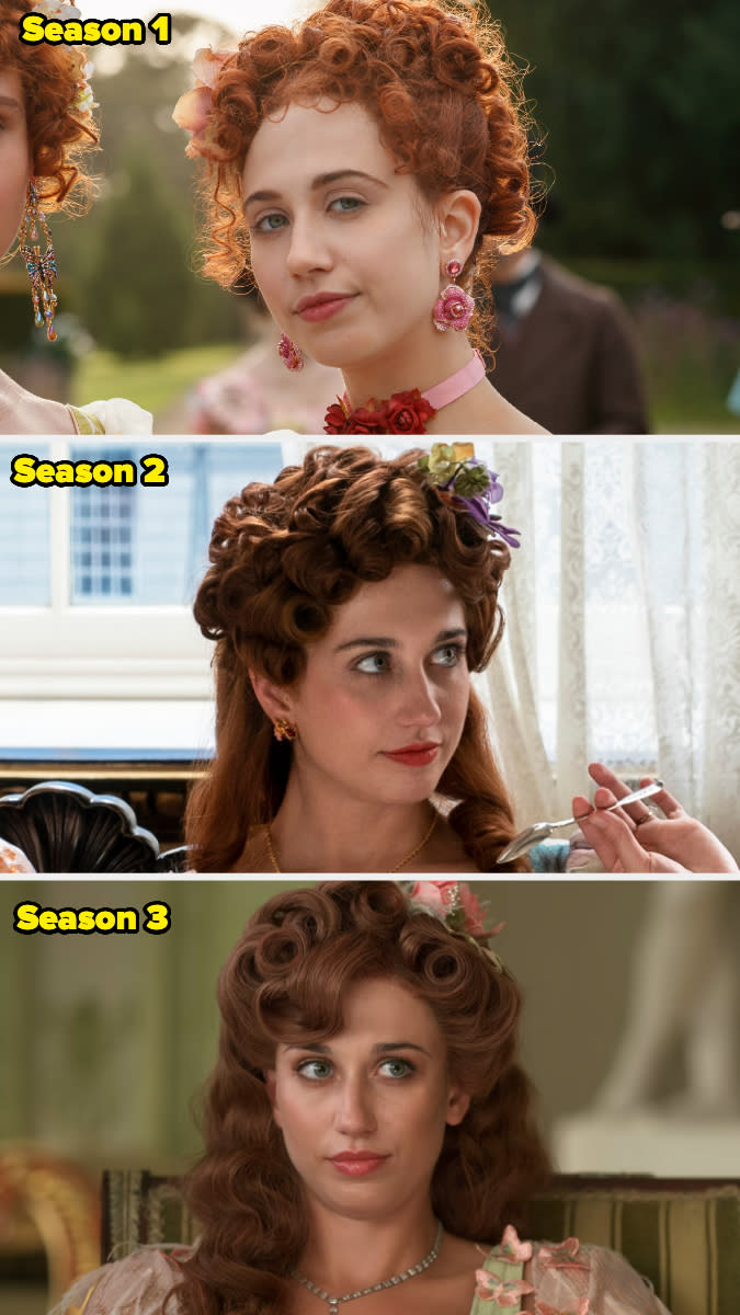 Philippa from "Bridgerton" in Seasons 1, 2, and 3, showcasing different period hairstyle changes: floral accessories, intricate updo, and voluminous curls