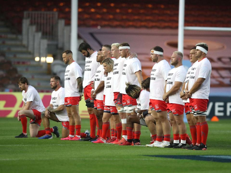 Four Sale Sharks players took a knee as 11 teammates remained standing before their Premiership clash with Harlequins: PA