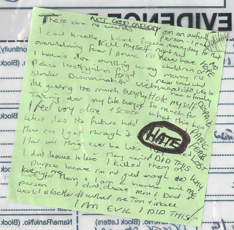 Writing on a green Post-it note found in Letby’s house. She wrote: ‘I am evil I did this’ in capital letters; and: ‘I don’t deserve to live. I killed them on purpose because I’m not good enough to care for them. I am a horrible evil person.’ 