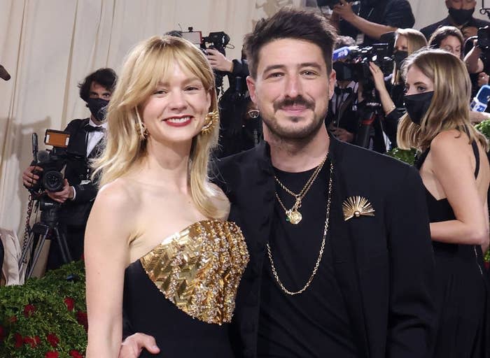 Closeup of Carey Mulligan and Marcus Mumford on the red carpet