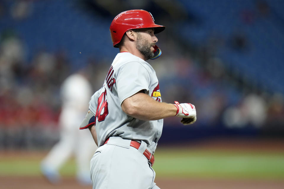 St. Louis Cardinals' Paul Goldschmidt runs the bases after his double off Tampa Bay Rays pitcher Zack Littell during the third inning of a baseball game Thursday, Aug. 10, 2023, in St. Petersburg, Fla. (AP Photo/Chris O'Meara)