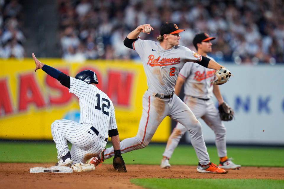 Baltimore Orioles third baseman Gunnar Henderson (2) throws to first base after forcing out New York Yankees'  Isiah Kiner-Falefa (12) during the fifth inning of a baseball game Wednesday, July 5, 2023, in New York.  Anthony Volpe reached first base on a throwing error by Henderson.  A camera operator was struck on the head by Henderson's throw.  (AP Photo/Frank Franklin II)