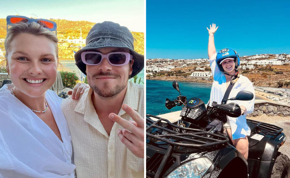L: Sophie Dillman and Patrick O'Connor take a selfie. R: Sophie Dillman on an ATV in Greece