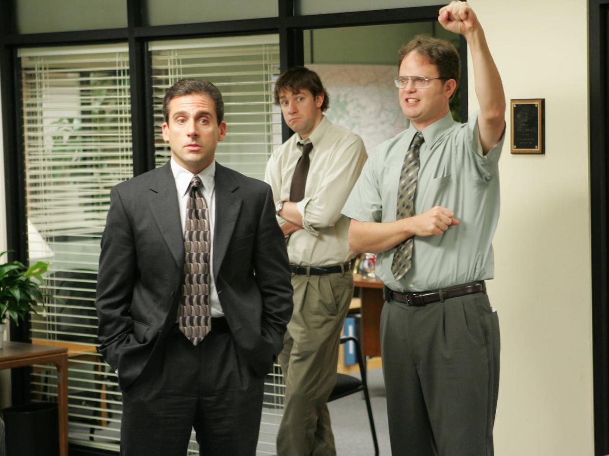 Jim's (centre) last prank on Dwight (right) featured a parody of the 1999 sci-fi adventure (NBC Universal)