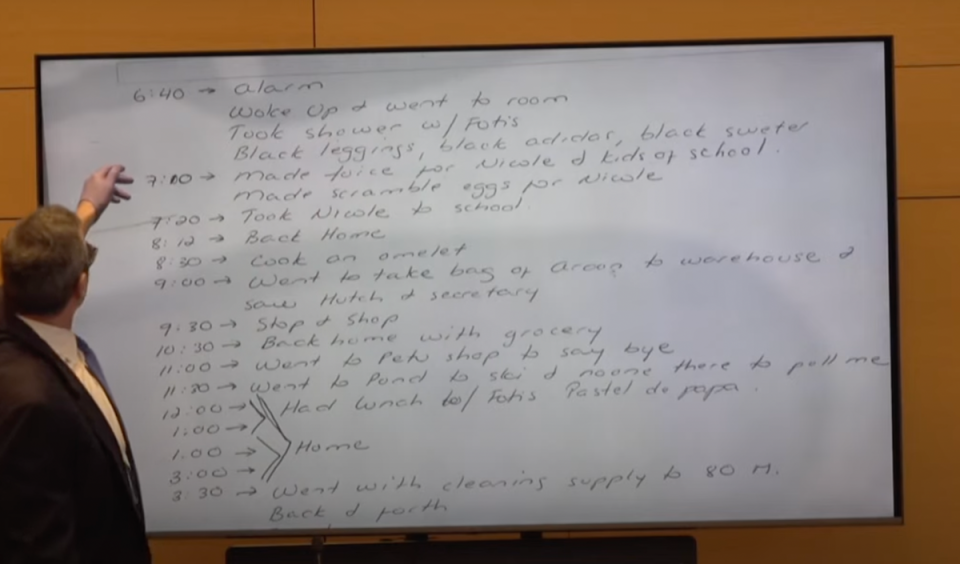 The timeline revealed Ms Troconis ‘took a shower with Fotis’ followed by making scrambled eggs for her daughter (Law&Crime)