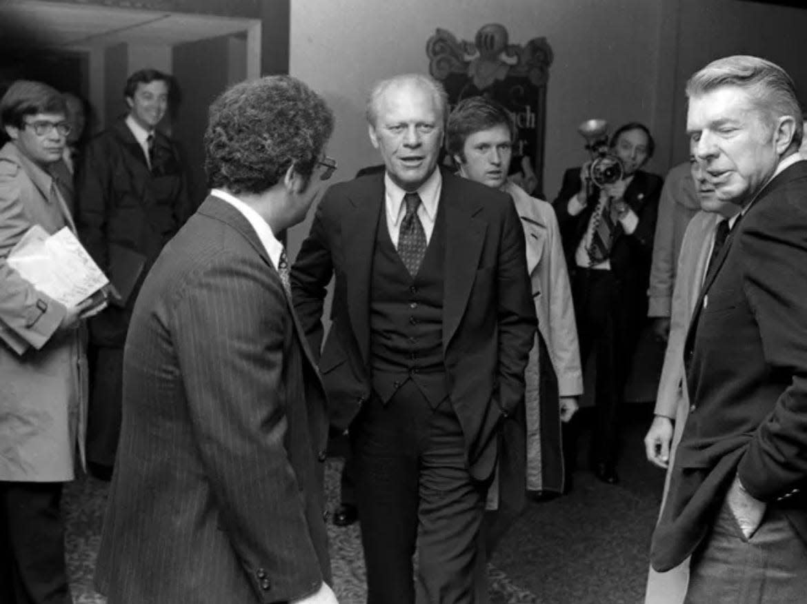 Vice President Gerald R. Ford, who would become president in less than two weeks, visited Canton for the Pro Football Hall of Fame Festival in 1974. He is pictured here in an image by retired Repository photographer Bob Rossiter.