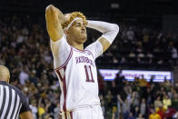 Arkansas guard Jalen Graham (11) reacts after the final play of his team's loss to Baylor after an NCAA college basketball game in Waco, Texas, Saturday, Jan. 28, 2023. (AP Photo/Gareth Patterson)
