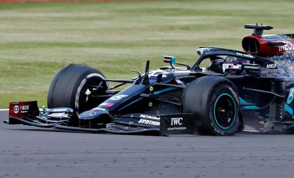 A close-up view of Hamilton's punctured tyre Photo: POOL/AFP via Getty Images