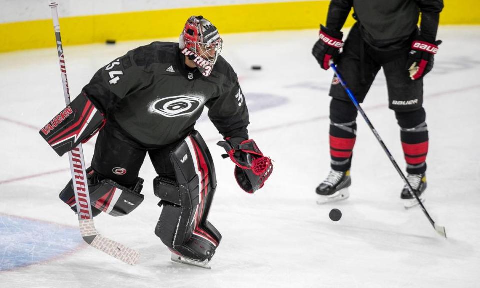 Carolina Hurricanes’ goalie Petr Mrazek (34) skates with his teammates prior to their game against the Nashville Predators on Thursday, April 15, 2021 at PNC Arena in Raleigh, NC.