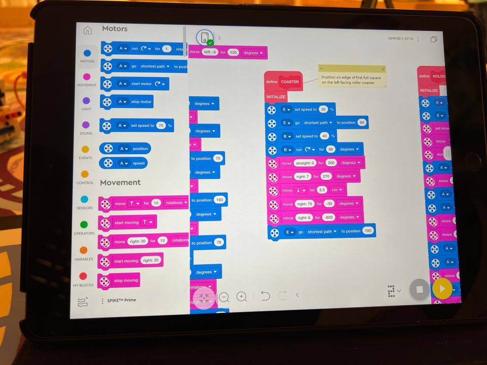 A close up of the computer coding that tells the robot what to do to complete a LEGO robotics mission. The Green Mountain Homeschool Robotics team, on Feb. 2, 2024, was getting prepared to compete at the world competition in April.