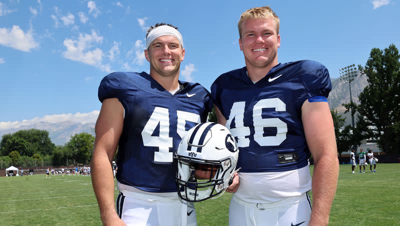Brothers Michael Daley and John Henry Daley pose for photos after BYU’s football practice in Provo on Tuesday, Aug. 8, 2023.