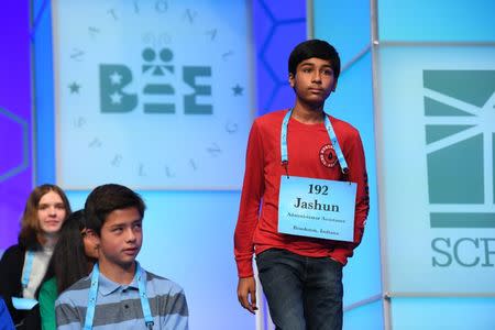 May 31, 2018; National Harbor, MD, USA; Jashun Paluru from Indiana spelled the word gelastic correctly during the 2018 Scripps National Spelling Bee at the Gaylord National Resort and Convention Center. Mandatory Credit: Jack Gruber-USA TODAY NETWORK