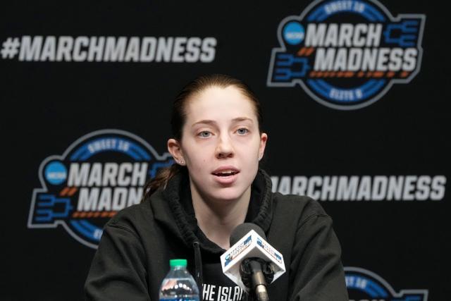 Ohio State guard Taylor Mikesell speaks during an NCAA Tournament press conference at Climate Pledge Arena on Friday, March 24, 2023, in Seattle.