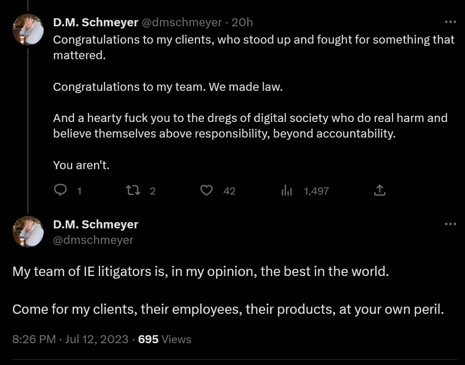 Congratulations to my clients, who stood up and fought for something that mattered.  Congratulations to my team. We made law.  And a hearty fuck you to the dregs of digital society who do real harm and believe themselves above responsibility, beyond accountability.  You aren't. My team of IE litigators is, in my opinion, the best in the world.  Come for my clients, their employees, their products, at your own peril.