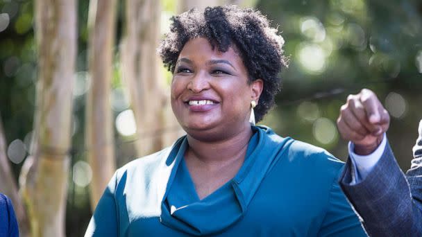 PHOTO: Former US Representative and voting rights activist Stacey Abrams is introduced before speaking at an election rally in Norfolk, Va., Oct. 17, 2021. (Zach Gibson/Getty Images, FILE)