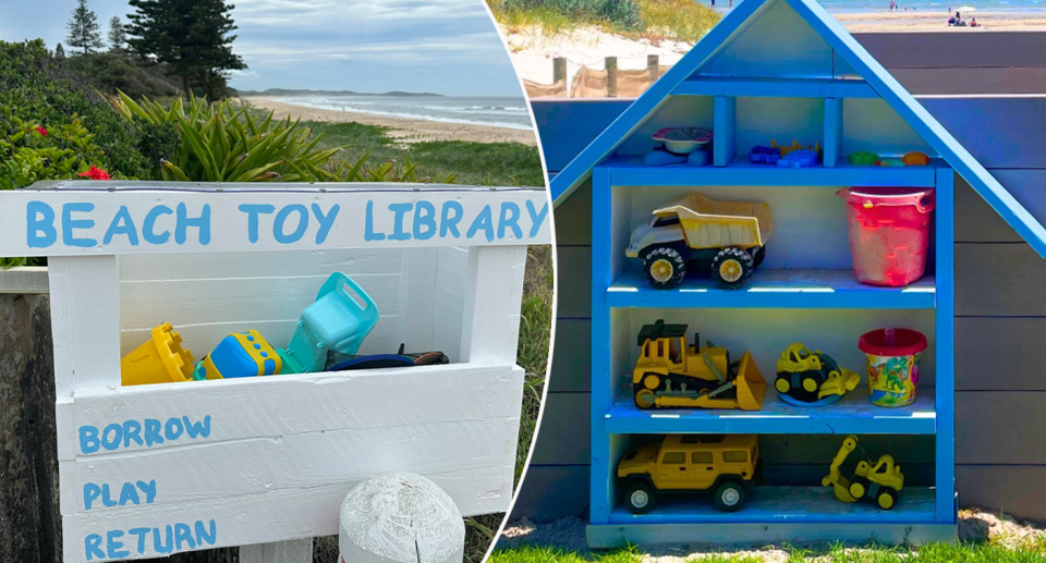 Beach toy libraries pictured on the sand in Wooli in NSW and Semaphore beach in South Australia.