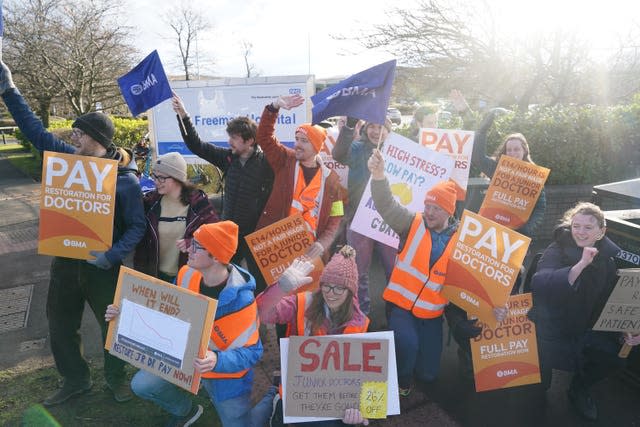 Striking junior doctors on the picket line outside the Freeman Hospital in Newcastle (PA)