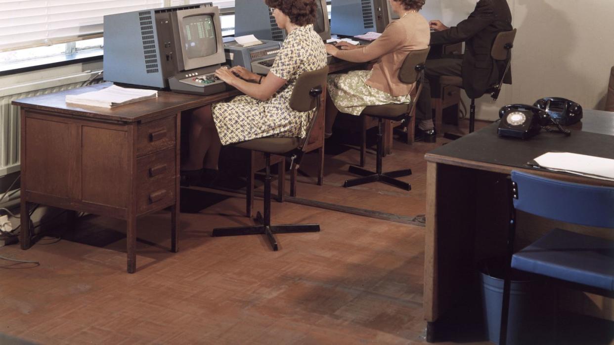 three vdu terminals being operated at icl, stevenage, 1975