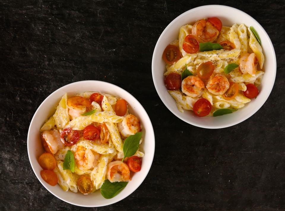 Penne with Garlicky Shrimp, Ricotta, and Tomatoes