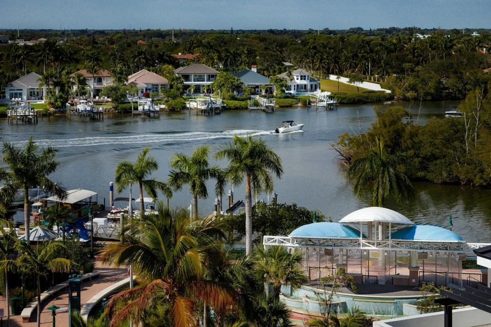 The outdoor amphitheater at Harbourside Place, bottom right, and and homes across the Intracoastal Waterway in Jupiter.