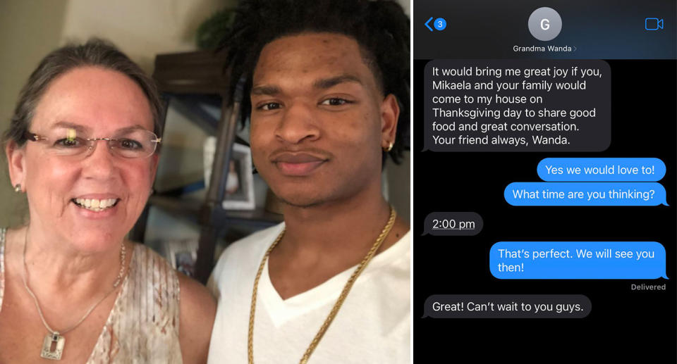 A photo of Wanda Dench and Jamal Hinton with a screenshot of his text conversation with her.