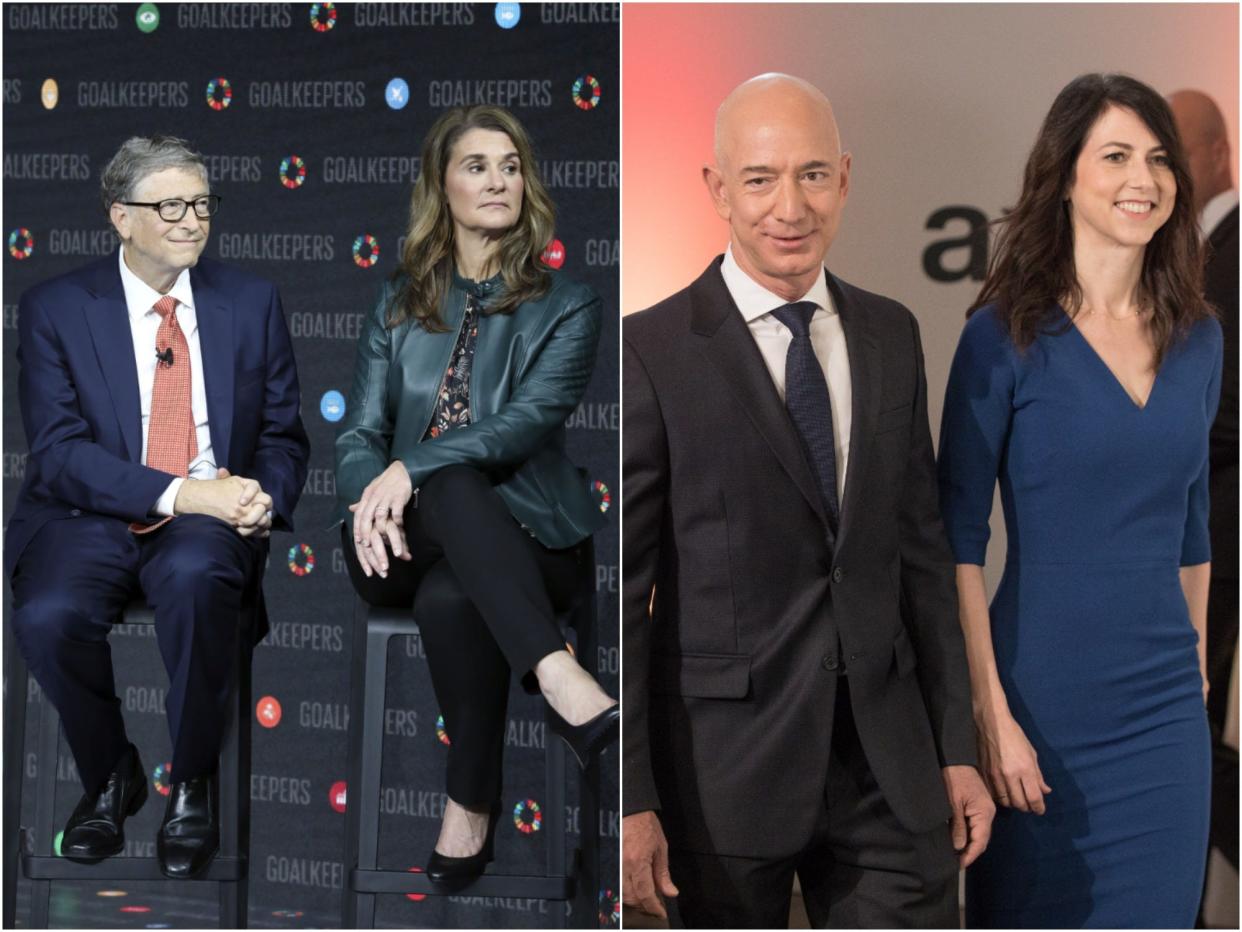 A photo of Bill and Melinda Gates next to a photo of Jeff Bezos and Mackenzie Scott
