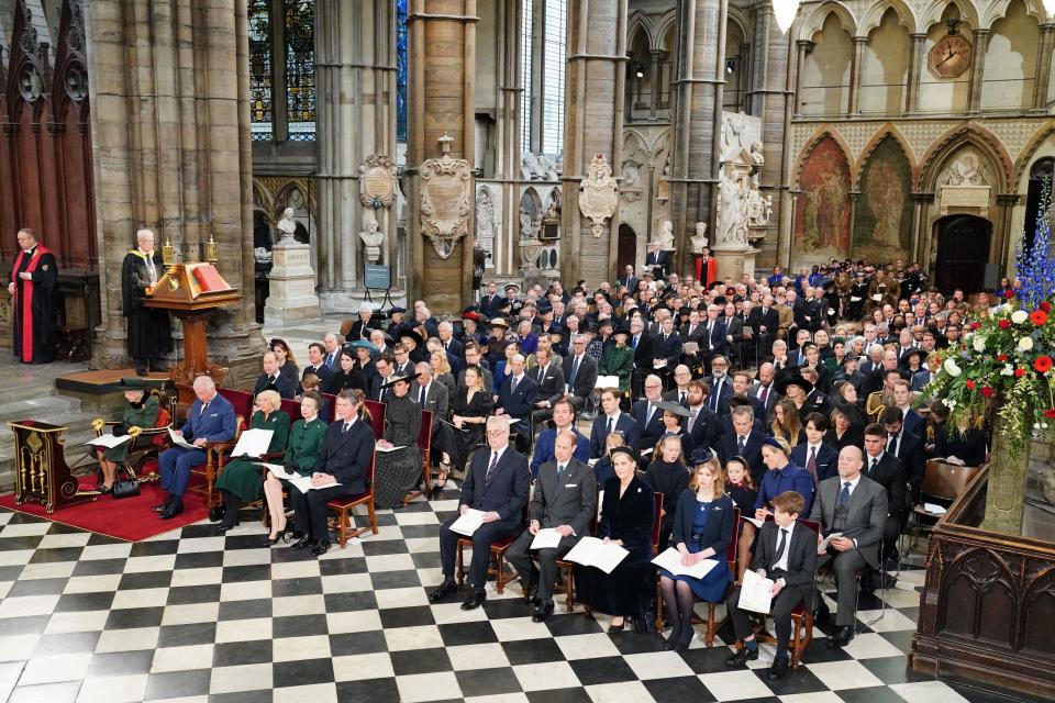 Britain&#39;s Queen Elizabeth II (L), and front row (L to R) Britain&#39;s Prince Charles, Prince of Wales, Britain&#39;s Camilla, Duchess of Cornwall, Britain&#39;s Princess Anne, Princess Royal, and Vice Admiral Timothy Laurence, Britain&#39;s Prince Andrew, Duke of York, Britain&#39;s Prince Edward, Earl of Wessex, Britain&#39;s Sophie, Countess of Wessex, Britain&#39;s Lady Louise Windsor and Viscount James Mountbatten-Windsor, and second row (L to R) Britain&#39;s Prince William, Duke of Cambridge, Britain&#39;s Prince George of Cambridge, Britain&#39;s Princess Charlotte of Cambridge and Britain&#39;s Catherine, Duchess of Cambridge, Peter Phillips, and his daughters Savannah and Isla, Mia Grace Tindal and her parents Zara Phillips amd Mike Tindall, attend a Service of Thanksgiving for Britain&#39;s Prince Philip, Duke of Edinburgh, at Westminster Abbey in central London on March 29, 2022. - A thanksgiving service will take place on Tuesday for Queen Elizabeth II&#39;s late husband, Prince Philip, nearly a year after his death and funeral held under coronavirus restrictions. Philip, who was married to the queen for 73 years, died on April 9 last year aged 99, following a month-long stay in hospital with a heart complaint. (Photo by Dominic Lipinski / POOL / AFP) (Photo by DOMINIC LIPINSKI/POOL/AFP via Getty Images)