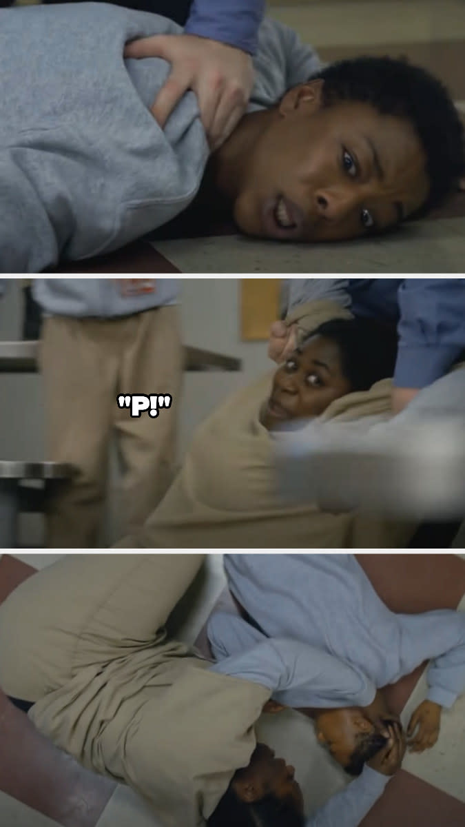 Taystee shouts "P" as Poussey suffocates