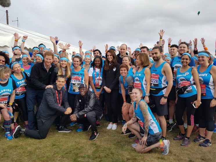 <i>The royal trio met the 700 people running in aid of their mental health charity, Heads Together [Photo: Twitter/KensingtonRoyal]</i>