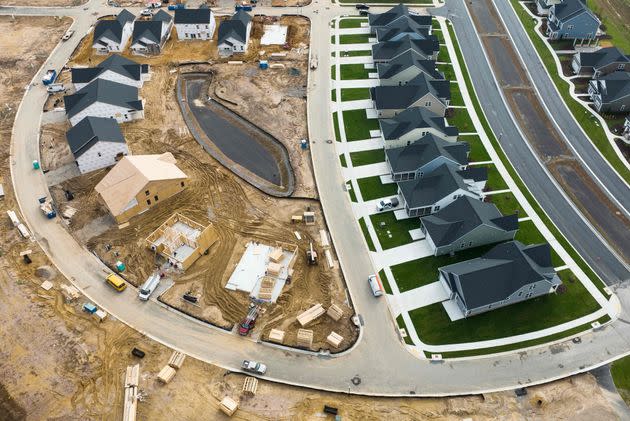 In this aerial view, completed and under construction new homes at a site in Trappe, Maryland, on October 28, 2022. 