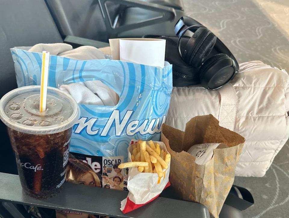 My suitcase and snacks during a recent flight.