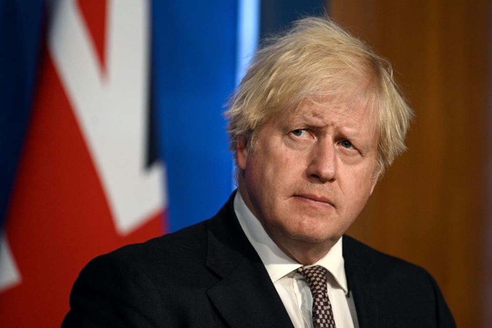 LONDON, ENGLAND - JULY 05: Britain's Prime Minister Boris Johnson gives an update on relaxing restrictions imposed on the country during the coronavirus covid-19 pandemic at a virtual press conference at Downing Street on July 5, 2021 in London, England. England's pandemic-related social restrictions were originally scheduled to end on June 23 before being postponed to July 19, largely due to concerns over the Delta variant. (Photo by Daniel Leal-Olivas - WPA Pool/Getty Images)