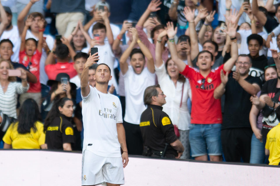 MADRID, SPAIN - JUNE 13: Eden Hazard of Real Madrid is seen in Real Madrid jersey prior to the press conference of Real Madrid at Estadio Santiago Bernabeu on June 13, 2019 in Madrid, Spain. (Photo by TF-Images/TF-Images via Getty Images)