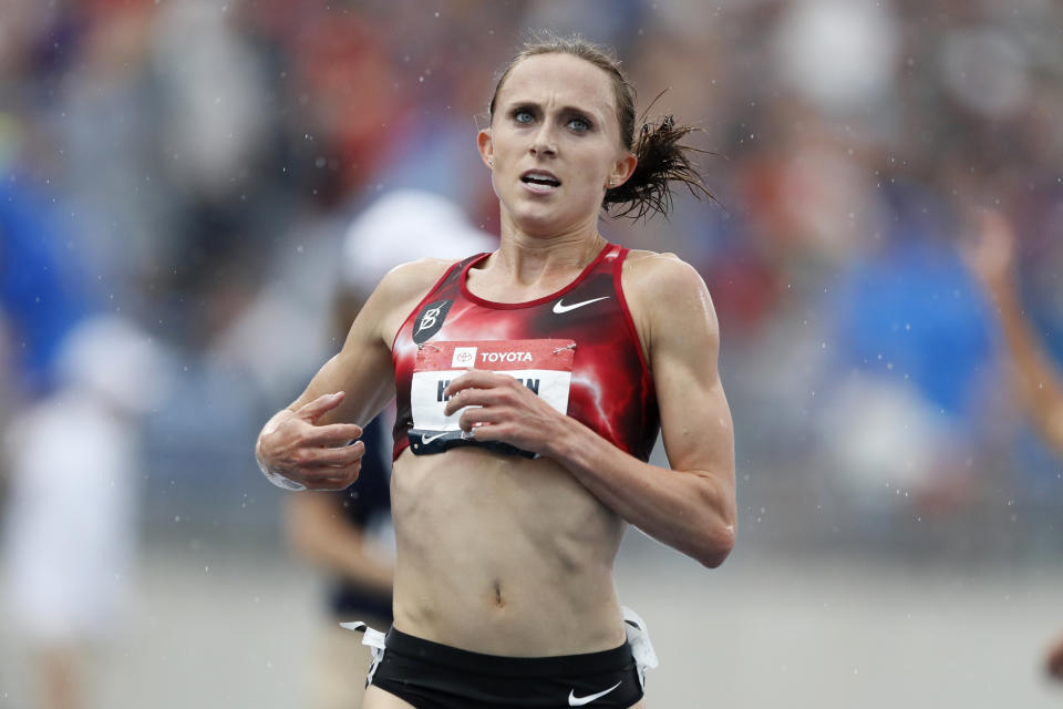 FILE - In this Sunday, July 28, 2019, photo, Shelby Houlihan crosses the finish line as she wins the women's 5,000-meter run at the U.S. Championships athletics meet, in Des Moines, Iowa. Increasingly sensitive instruments designed to detect banned substances have the ability to pick up increasingly miniscule amounts of those substances in an athlete’s system. In some cases, athletes ingest them intentionally. But in a growing number of instances, the banned drugs enter their systems in completely unintentional ways. (AP Photo/Charlie Neibergall, File)