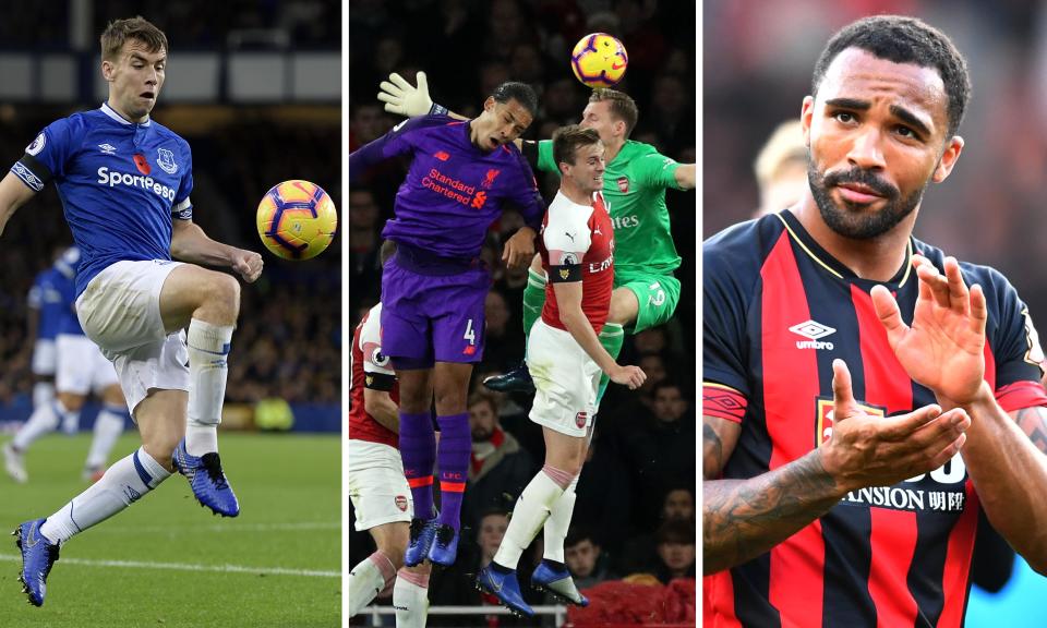 Everton’s Séamus Coleman; Liverpool’s Virgil van Dijk gets cleaned out by Arsenal’s goalkeeper Bernd Leno; Bournemouth’s Callum Wilson is close to an England call-up.