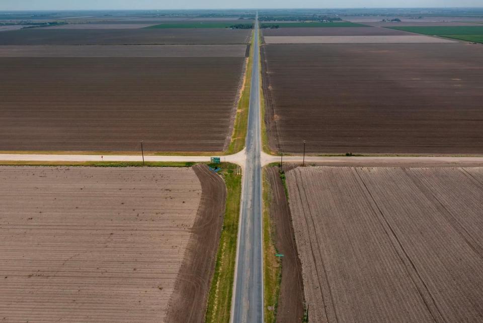 Aerial view of farmer and rancher Mike England's land near Mercedes, Texas on April 18, 2024.