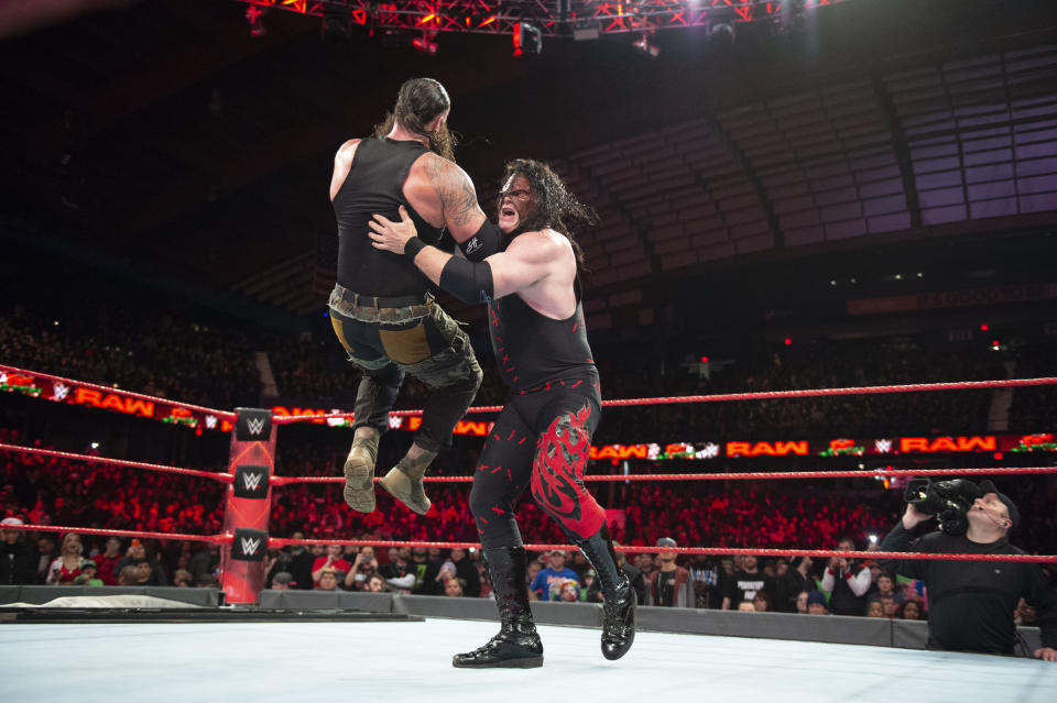 WWE star Kane chokeslams Braun Strowman during an episode of "Monday Night Raw." (Photo courtesy of WWE)