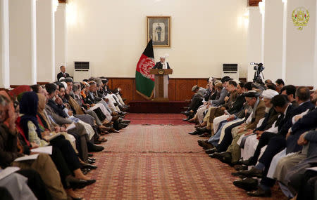 Afghanistan President Ashraf Ghani speaks with Afghan delegations at the Presidential palace in Kabul, Afghanistan April 17, 2019. Presidential Palace/Handout via REUTERS