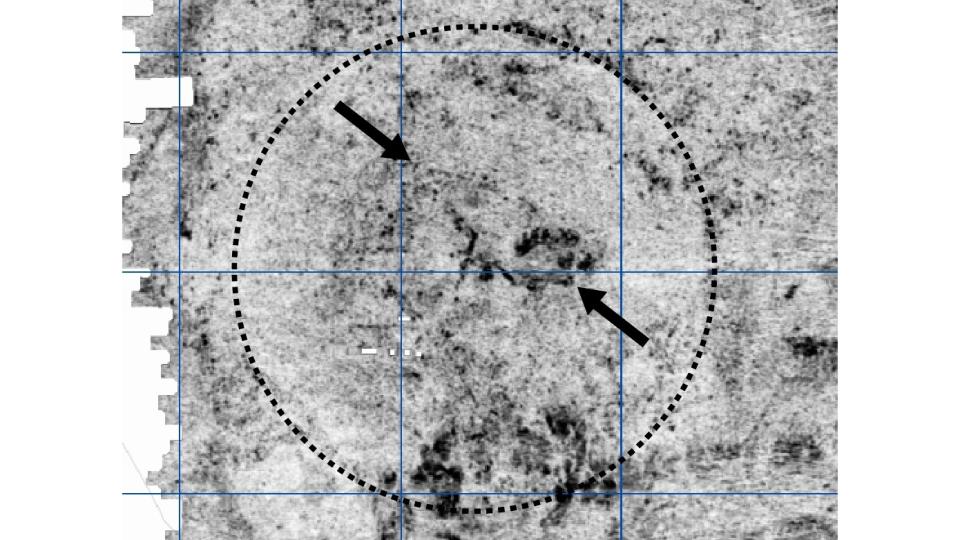 A white and black image showing what might be the remains of a ship buried underground.