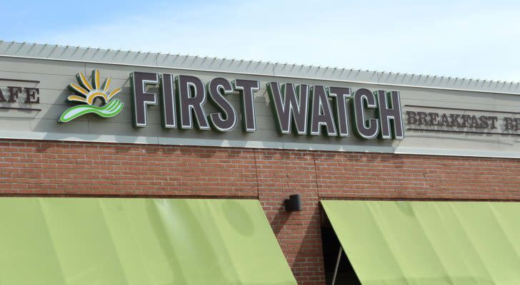 A close-up shot of the awning of a First Watch (FWRG) restaurant in University Park, Florida.