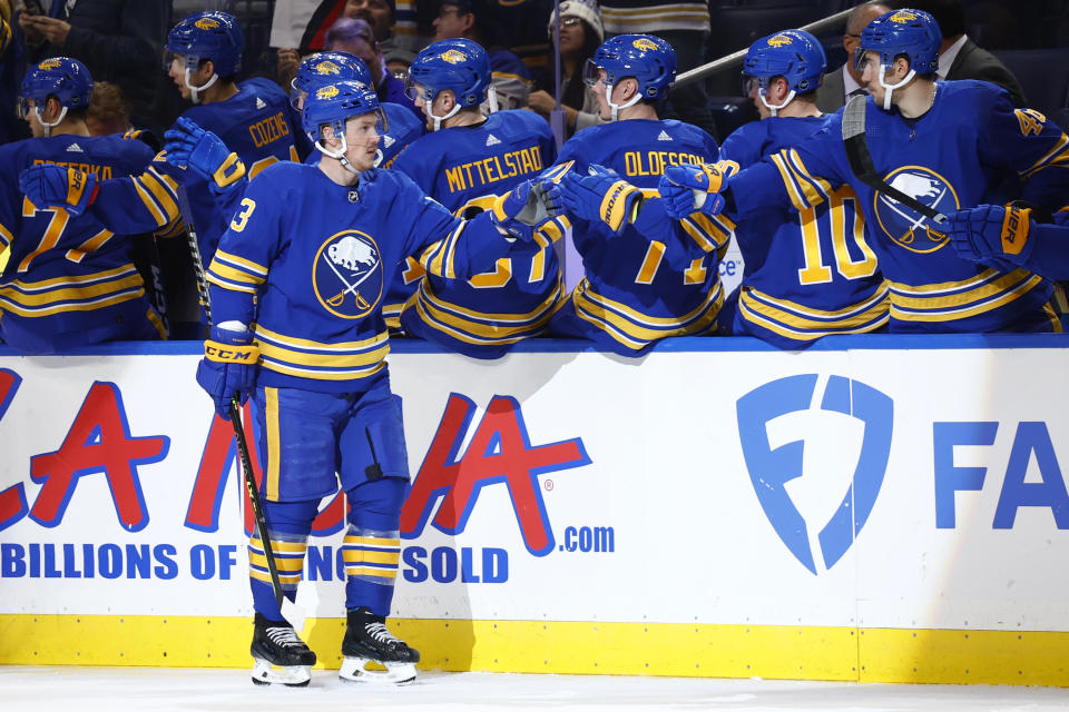 Buffalo Sabres left wing Jeff Skinner (53) celebrates his second goal during the second period of an NHL hockey game against the Vancouver Canucks, Tuesday, Nov. 15, 2022, in Buffalo, N.Y. (AP Photo/Jeffrey T. Barnes)